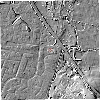 Shaded relief map of the ground around FY53DA, computed from Environment Agency LiDAR. The ground here sits at about 4 m above sea level and falls 14 m across the surrounding 800 m. Surface water reaching this point runs off ground lying to the north-north-east, 2.6 m higher.