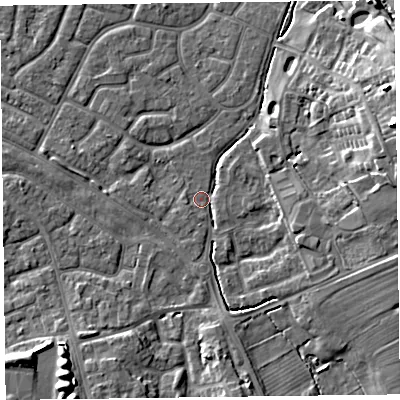 Shaded relief map of the ground around FY53DB, computed from Environment Agency LiDAR. The ground here sits at about 4 m above sea level and falls 12 m across the surrounding 800 m. Surface water reaching this point runs off ground lying to the east, 8.1 m higher.