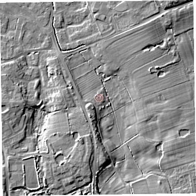 Shaded relief map of the ground around FY53DD, computed from Environment Agency LiDAR. The ground here sits at about 6 m above sea level and falls 11 m across the surrounding 800 m. Surface water reaching this point runs off ground lying to the south, 6.0 m higher.