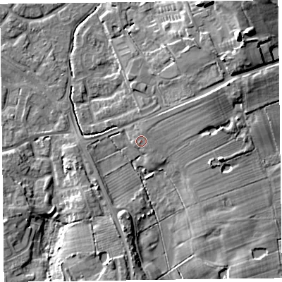 Shaded relief map of the ground around FY53DE, computed from Environment Agency LiDAR. The ground here sits at about 6 m above sea level and falls 15 m across the surrounding 800 m. Surface water reaching this point runs off ground lying to the east-north-east, 5.1 m higher.