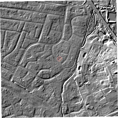 Shaded relief map of the ground around FY53DH, computed from Environment Agency LiDAR. The ground here sits at about 4 m above sea level and falls 12 m across the surrounding 800 m. Surface water reaching this point runs off ground lying to the east, 0.8 m higher.