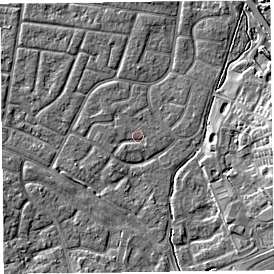 Shaded relief map of the ground around FY53DJ, computed from Environment Agency LiDAR. The ground here sits at about 4 m above sea level and falls 7 m across the surrounding 800 m. Surface water reaching this point runs off ground lying to the south-west, 1.0 m higher.