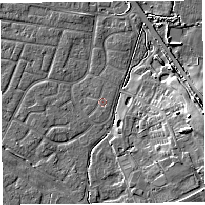 Shaded relief map of the ground around FY53DL, computed from Environment Agency LiDAR. The ground here sits at about 4 m above sea level and falls 13 m across the surrounding 800 m. The ground contributing surface water to this point lies to the east-north-east.