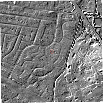 Shaded relief map of the ground around FY53DN, computed from Environment Agency LiDAR. The ground here sits at about 4 m above sea level and falls 12 m across the surrounding 800 m. Surface water reaching this point runs off ground lying to the east-south-east, 0.9 m higher.