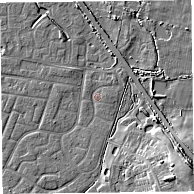Shaded relief map of the ground around FY53DP, computed from Environment Agency LiDAR. The ground here sits at about 4 m above sea level and falls 14 m across the surrounding 800 m. Surface water reaching this point runs off ground lying to the north-east, 1.3 m higher.