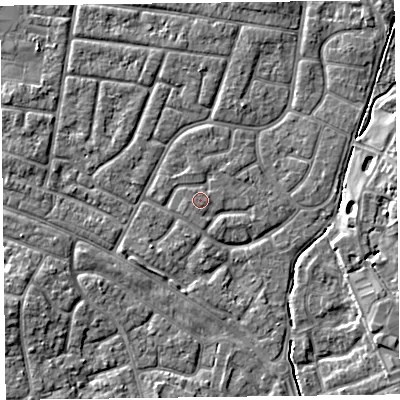 Shaded relief map of the ground around FY53DQ, computed from Environment Agency LiDAR. The ground here sits at about 5 m above sea level and falls 4 m across the surrounding 800 m. Surface water reaching this point runs off ground lying to the east, 0.6 m higher.