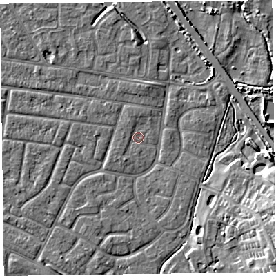 Shaded relief map of the ground around FY53DR, computed from Environment Agency LiDAR. The ground here sits at about 4 m above sea level and falls 9 m across the surrounding 800 m. Surface water reaching this point runs off ground lying to the south-south-west, 1.2 m higher.