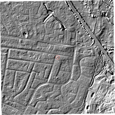 Shaded relief map of the ground around FY53DS, computed from Environment Agency LiDAR. The ground here sits at about 5 m above sea level and falls 8 m across the surrounding 800 m. Surface water reaching this point runs off ground lying to the north-east, 1.2 m higher.