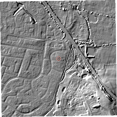 Shaded relief map of the ground around FY53DT, computed from Environment Agency LiDAR. The ground here sits at about 4 m above sea level and falls 14 m across the surrounding 800 m. Surface water reaching this point runs off ground lying to the south-south-west, 1.6 m higher.