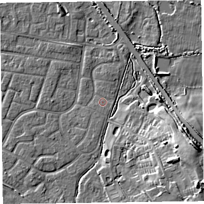 Shaded relief map of the ground around FY53DU, computed from Environment Agency LiDAR. The ground here sits at about 4 m above sea level and falls 15 m across the surrounding 800 m. Surface water reaching this point runs off ground lying to the east-south-east, 0.5 m higher.
