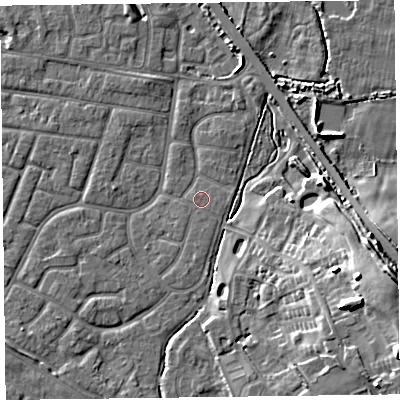 Shaded relief map of the ground around FY53DW, computed from Environment Agency LiDAR. The ground here sits at about 4 m above sea level and falls 15 m across the surrounding 800 m. The ground contributing surface water to this point lies to the south-south-east.