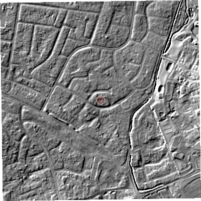 Shaded relief map of the ground around FY53DX, computed from Environment Agency LiDAR. The ground here sits at about 4 m above sea level and falls 6 m across the surrounding 800 m. Surface water reaching this point runs off ground lying to the north-west, 1.3 m higher.