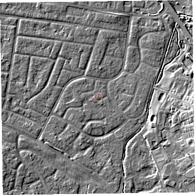 Shaded relief map of the ground around FY53DY, computed from Environment Agency LiDAR. The ground here sits at about 5 m above sea level and falls 7 m across the surrounding 800 m. The ground contributing surface water to this point lies to the west-south-west.