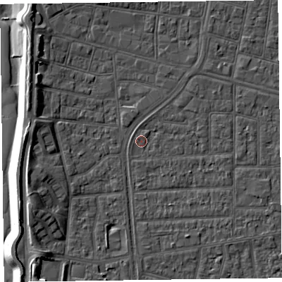 Shaded relief map of the ground around FY53DZ, computed from Environment Agency LiDAR. The ground here sits at about 4 m above sea level and falls 10 m across the surrounding 800 m. Surface water reaching this point runs off ground lying to the west-north-west, 0.8 m higher.