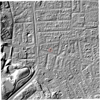 Shaded relief map of the ground around FY53EB, computed from Environment Agency LiDAR. The ground here sits at about 4 m above sea level and falls 10 m across the surrounding 800 m. Surface water reaching this point runs off ground lying to the south-west, 9.8 m higher.