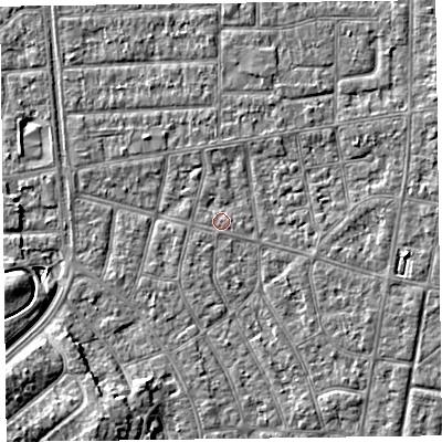 Shaded relief map of the ground around FY53ED, computed from Environment Agency LiDAR. The ground here sits at about 4 m above sea level and falls 7 m across the surrounding 800 m. Surface water reaching this point runs off ground lying to the east-south-east, 0.8 m higher.