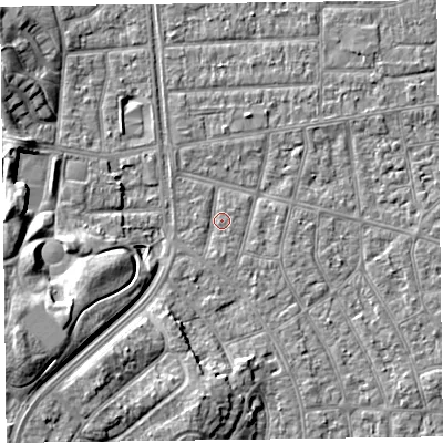 Shaded relief map of the ground around FY53EE, computed from Environment Agency LiDAR. The ground here sits at about 4 m above sea level and falls 10 m across the surrounding 800 m. Surface water reaching this point runs off ground lying to the south, 0.9 m higher.