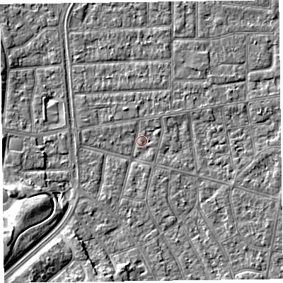 Shaded relief map of the ground around FY53EF, computed from Environment Agency LiDAR. The ground here sits at about 4 m above sea level and falls 9 m across the surrounding 800 m. Surface water reaching this point runs off ground lying to the south-west, 9.2 m higher.