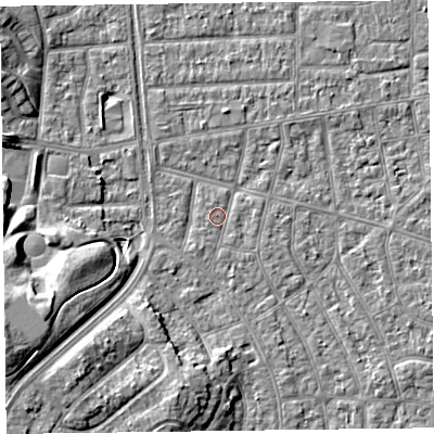 Shaded relief map of the ground around FY53EG, computed from Environment Agency LiDAR. The ground here sits at about 4 m above sea level and falls 10 m across the surrounding 800 m. The ground contributing surface water to this point lies to the west-south-west.
