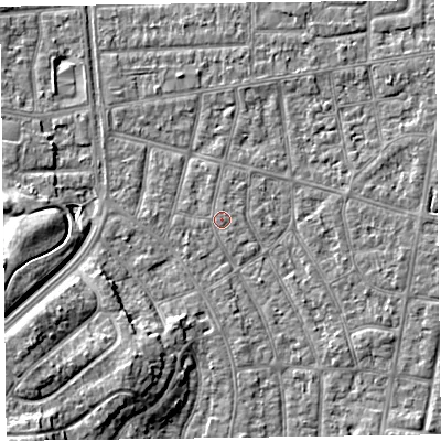 Shaded relief map of the ground around FY53EH, computed from Environment Agency LiDAR. The ground here sits at about 4 m above sea level and falls 8 m across the surrounding 800 m. The ground contributing surface water to this point lies to the north.