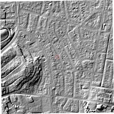 Shaded relief map of the ground around FY53EJ, computed from Environment Agency LiDAR. The ground here sits at about 4 m above sea level and falls 10 m across the surrounding 800 m. Surface water reaching this point runs off ground lying to the west, 6.2 m higher.