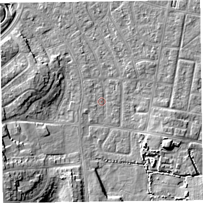 Shaded relief map of the ground around FY53EL, computed from Environment Agency LiDAR. The ground here sits at about 4 m above sea level and falls 11 m across the surrounding 800 m. Surface water reaching this point runs off ground lying to the east-south-east, 5.8 m higher.