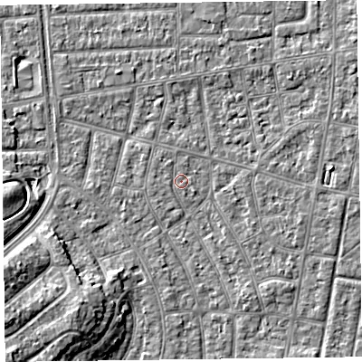 Shaded relief map of the ground around FY53EN, computed from Environment Agency LiDAR. The ground here sits at about 4 m above sea level and falls 7 m across the surrounding 800 m. Surface water reaching this point runs off ground lying to the west-south-west, 6.1 m higher.