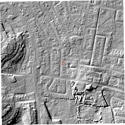 Shaded relief map of the ground around FY53EP, computed from Environment Agency LiDAR. The ground here sits at about 4 m above sea level and falls 7 m across the surrounding 800 m. Surface water reaching this point runs off ground lying to the south-east, 2.8 m higher.