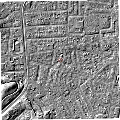 Shaded relief map of the ground around FY53EQ, computed from Environment Agency LiDAR. The ground here sits at about 4 m above sea level and falls 8 m across the surrounding 800 m. Surface water reaching this point runs off ground lying to the south-west, 7.9 m higher.
