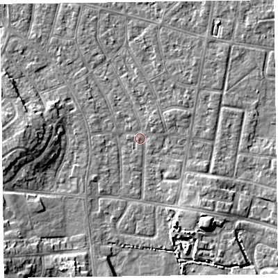Shaded relief map of the ground around FY53ER, computed from Environment Agency LiDAR. The ground here sits at about 4 m above sea level and falls 9 m across the surrounding 800 m. Surface water reaching this point runs off ground lying to the south-west, 8.4 m higher.