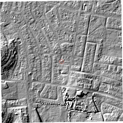 Shaded relief map of the ground around FY53ES, computed from Environment Agency LiDAR. The ground here sits at about 4 m above sea level and falls 6 m across the surrounding 800 m. Surface water reaching this point runs off ground lying to the south-south-east, 2.7 m higher.
