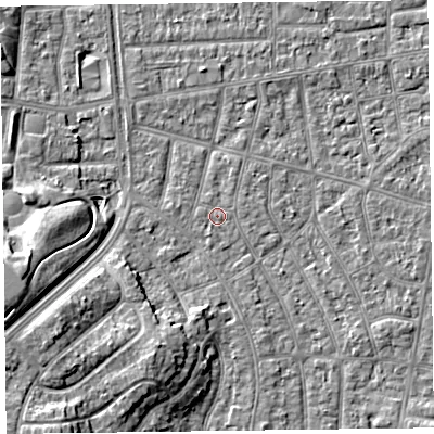 Shaded relief map of the ground around FY53ET, computed from Environment Agency LiDAR. The ground here sits at about 4 m above sea level and falls 9 m across the surrounding 800 m. Surface water reaching this point runs off ground lying to the west-south-west, 6.4 m higher.