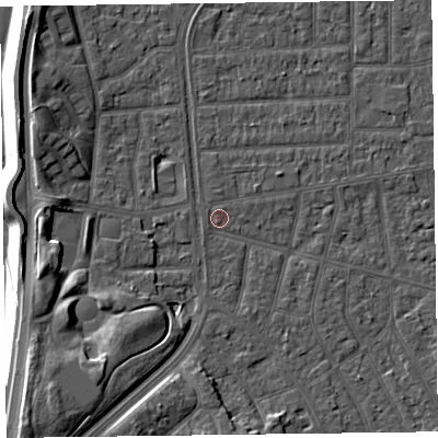 Shaded relief map of the ground around FY53EU, computed from Environment Agency LiDAR. The ground here sits at about 4 m above sea level and falls 12 m across the surrounding 800 m. Surface water reaching this point runs off ground lying to the south-west, 9.8 m higher.