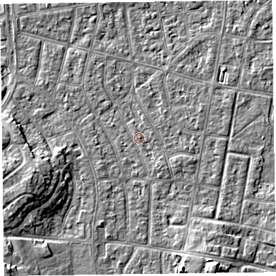 Shaded relief map of the ground around FY53EW, computed from Environment Agency LiDAR. The ground here sits at about 4 m above sea level and falls 6 m across the surrounding 800 m. Surface water reaching this point runs off ground lying to the east-south-east, 1.1 m higher.