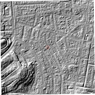 Shaded relief map of the ground around FY53EX, computed from Environment Agency LiDAR. The ground here sits at about 4 m above sea level and falls 7 m across the surrounding 800 m. Surface water reaching this point runs off ground lying to the west-south-west, 6.1 m higher.