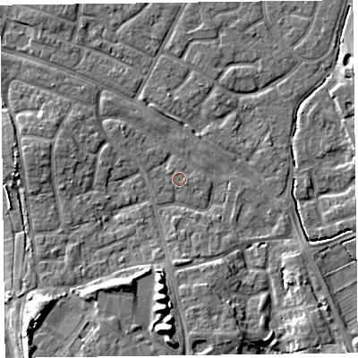 Shaded relief map of the ground around FY53EY, computed from Environment Agency LiDAR. The ground here sits at about 4 m above sea level and falls 8 m across the surrounding 800 m. Surface water reaching this point runs off ground lying to the south, 4.8 m higher.