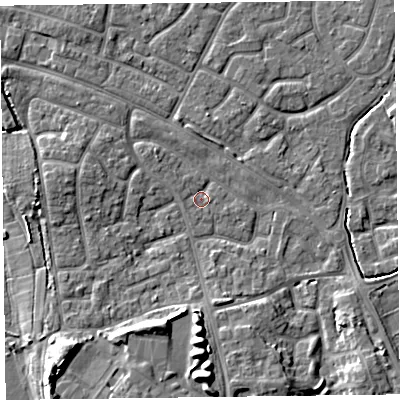 Shaded relief map of the ground around FY53EZ, computed from Environment Agency LiDAR. The ground here sits at about 4 m above sea level and falls 8 m across the surrounding 800 m. Surface water reaching this point runs off ground lying to the south, 8.0 m higher.