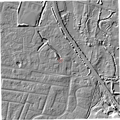 Shaded relief map of the ground around FY53FA, computed from Environment Agency LiDAR. The ground here sits at about 4 m above sea level and falls 7 m across the surrounding 800 m. Surface water reaching this point runs off ground lying to the north-west, 3.0 m higher.