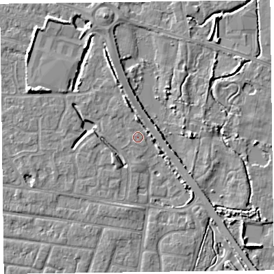 Shaded relief map of the ground around FY53FB, computed from Environment Agency LiDAR. The ground here sits at about 4 m above sea level and falls 5 m across the surrounding 800 m. Surface water reaching this point runs off ground lying to the north, 2.3 m higher.