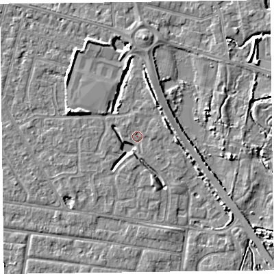 Shaded relief map of the ground around FY53FD, computed from Environment Agency LiDAR. The ground here sits at about 4 m above sea level and falls 5 m across the surrounding 800 m. Surface water reaching this point runs off ground lying to the north-west, 2.2 m higher.