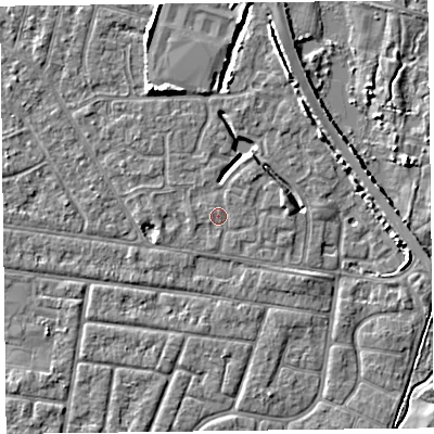 Shaded relief map of the ground around FY53FE, computed from Environment Agency LiDAR. The ground here sits at about 5 m above sea level and falls 5 m across the surrounding 800 m. The ground contributing surface water to this point lies to the north-east.