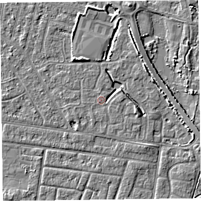 Shaded relief map of the ground around FY53FF, computed from Environment Agency LiDAR. The ground here sits at about 5 m above sea level and falls 5 m across the surrounding 800 m. Surface water reaching this point runs off ground lying to the south-east, 0.5 m higher.
