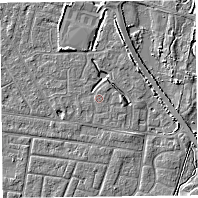 Shaded relief map of the ground around FY53FG, computed from Environment Agency LiDAR. The ground here sits at about 5 m above sea level and falls 5 m across the surrounding 800 m. The ground contributing surface water to this point lies to the north-north-east.