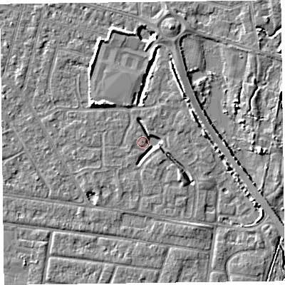 Shaded relief map of the ground around FY53FH, computed from Environment Agency LiDAR. The ground here sits at about 5 m above sea level and falls 5 m across the surrounding 800 m. Surface water reaching this point runs off ground lying to the south-south-west, 2.1 m higher.