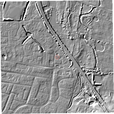 Shaded relief map of the ground around FY53FJ, computed from Environment Agency LiDAR. The ground here sits at about 4 m above sea level and falls 8 m across the surrounding 800 m. Surface water reaching this point runs off ground lying to the east, 3.7 m higher.