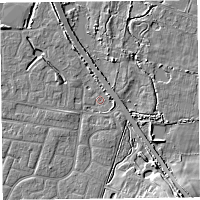 Shaded relief map of the ground around FY53FL, computed from Environment Agency LiDAR. The ground here sits at about 4 m above sea level and falls 11 m across the surrounding 800 m. Surface water reaching this point runs off ground lying to the east-north-east, 3.8 m higher.