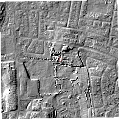 Shaded relief map of the ground around FY53FP, computed from Environment Agency LiDAR. The ground here sits at about 4 m above sea level and falls 6 m across the surrounding 800 m. Surface water reaching this point runs off ground lying to the north, 4.0 m higher.