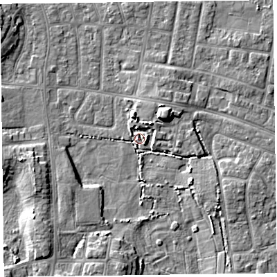 Shaded relief map of the ground around FY53FQ, computed from Environment Agency LiDAR. The ground here sits at about 5 m above sea level and falls 6 m across the surrounding 800 m. Surface water reaching this point runs off ground lying to the north-east, 6.2 m higher.