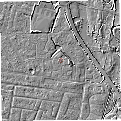 Shaded relief map of the ground around FY53FR, computed from Environment Agency LiDAR. The ground here sits at about 5 m above sea level and falls 5 m across the surrounding 800 m. Surface water reaching this point runs off ground lying to the east-south-east, 1.3 m higher.