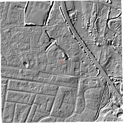 Shaded relief map of the ground around FY53FS, computed from Environment Agency LiDAR. The ground here sits at about 5 m above sea level and falls 5 m across the surrounding 800 m. Surface water reaching this point runs off ground lying to the north-north-east, 1.3 m higher.